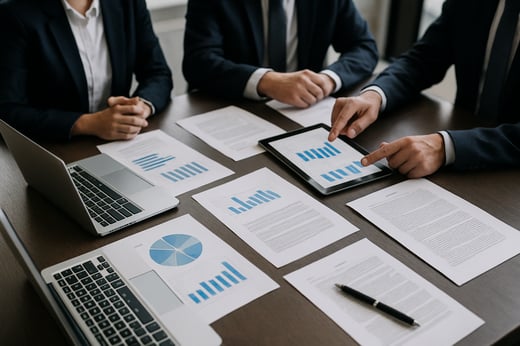 A closeup of a sleek conference table with open laptops financial reports and legal documents spread out A group of professionals in business attire are engaged in discussion with one person pointing at a chart on a tablet The focus is on the materia