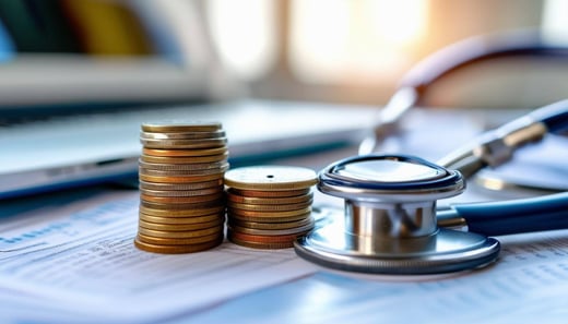 A professional stock image featuring a stack of coins next to a medical stethoscope on a desk, symbolizing the intersection of healthcare and financia