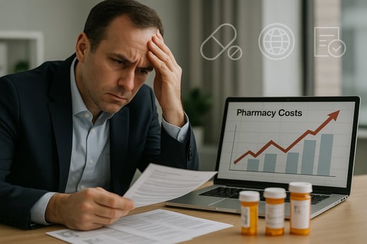 A professional stock photo in landscape orientation 260x144 pixels showing a concerned business executive reviewing pharmacy cost reports at a desk Include visual elements like pill bottles prescription paperwork and a laptop displaying a rising cost-3